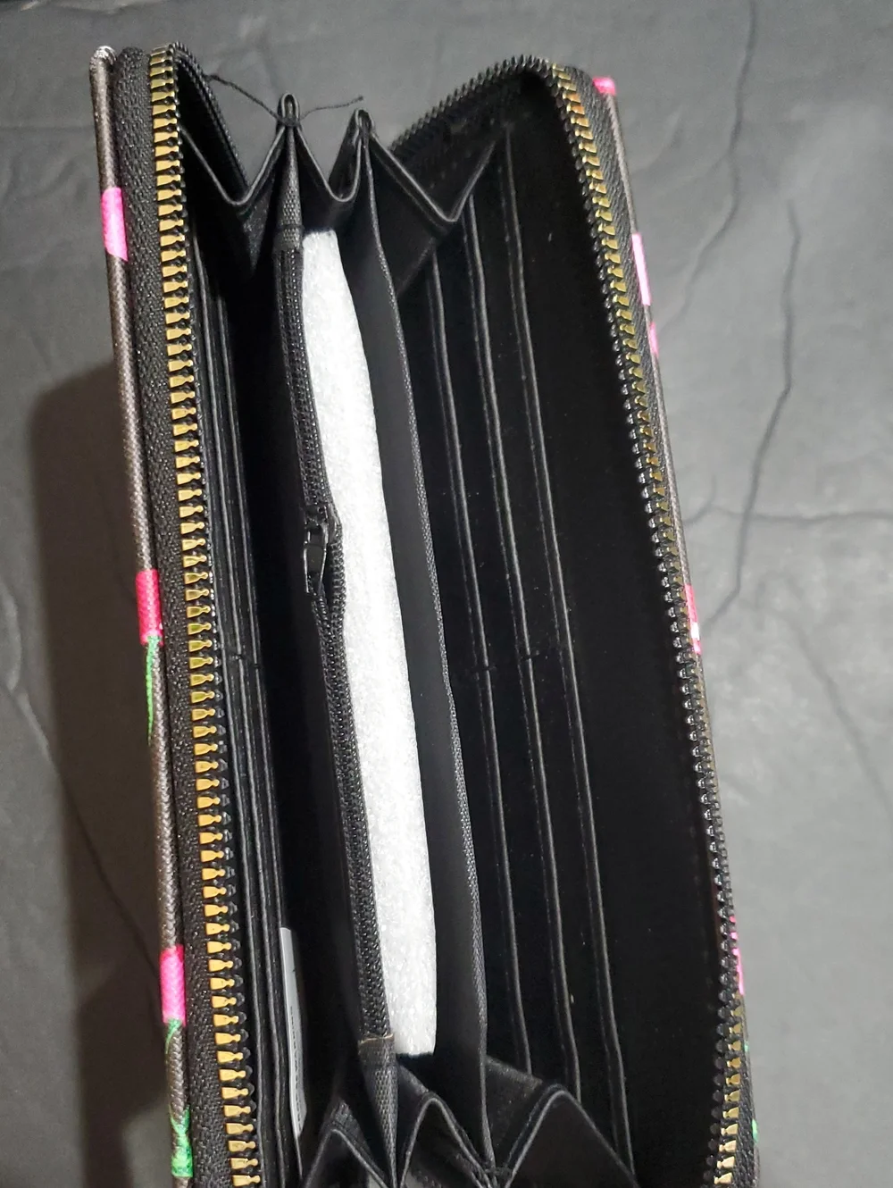 Black and pink cherry printed zip around long wallet with cherry charm brand new